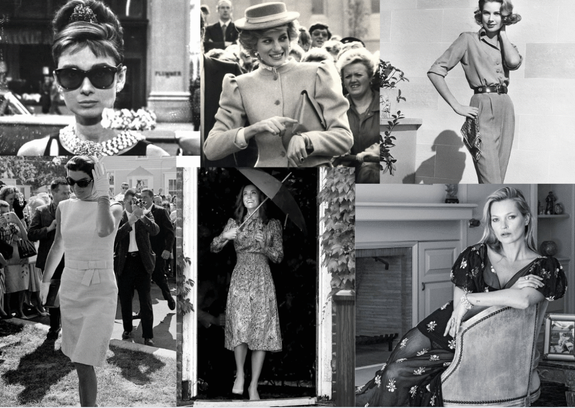 Black and white portraits of iconic women in fashion — Princess Diana, Audrey Hepburn, and Kate Middleton — with beige and gold overlays, representing timeless elegance and classic style
