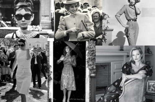 Black and white portraits of iconic women in fashion — Princess Diana, Audrey Hepburn, and Kate Middleton — with beige and gold overlays, representing timeless elegance and classic style