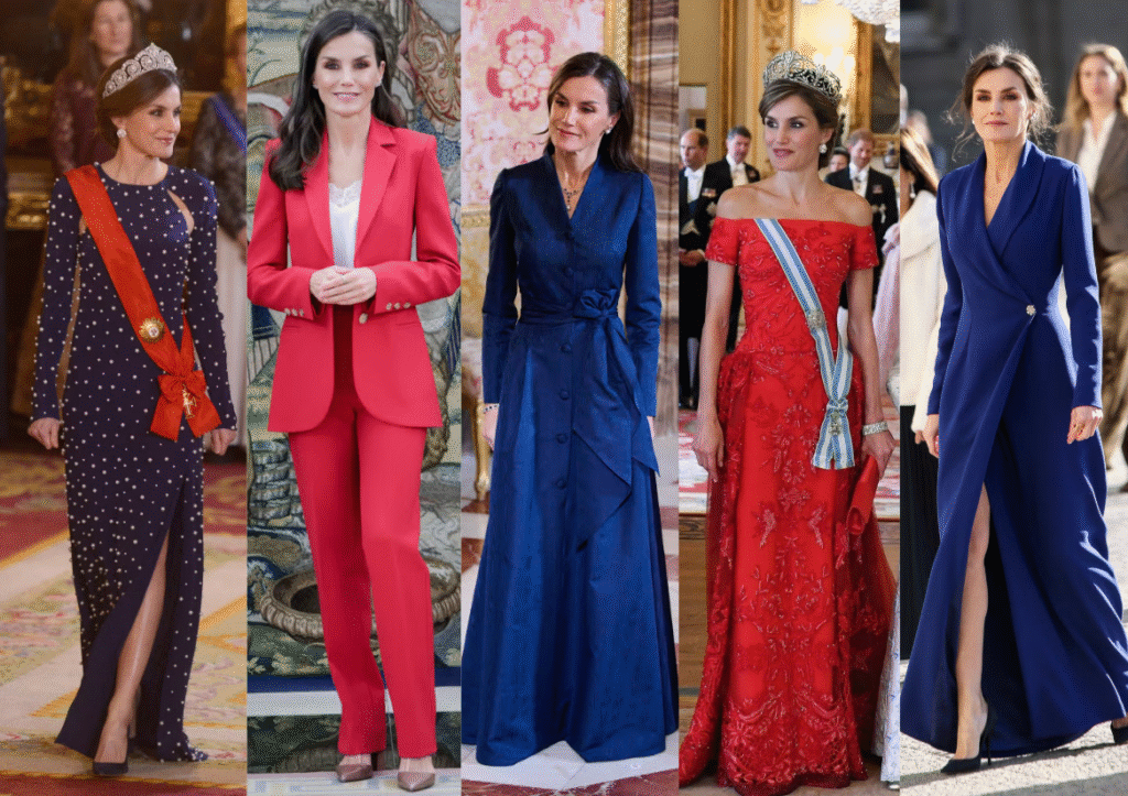 Collage of Queen Letizia of Spain in polished, tailored royal fashion looks