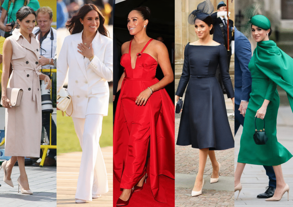 Collage of Meghan Markle, Duchess of Sussex, showcasing her modern minimalist royal fashion style