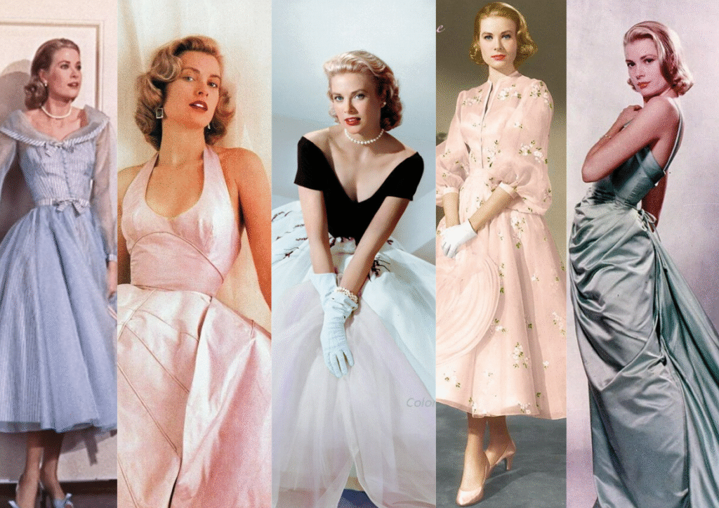 "Collage of Princess Charlene of Monaco featuring minimalist, structured royal fashion looks"
