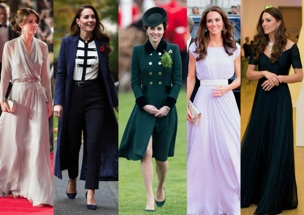 Collage of Princess Catherine (Kate Middleton) in timeless, elegant royal fashion ensembles