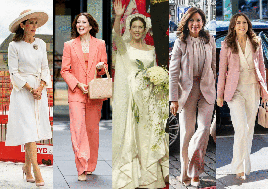 Collage of Crown Princess Mary of Denmark showcasing elegant and timeless royal fashion”

