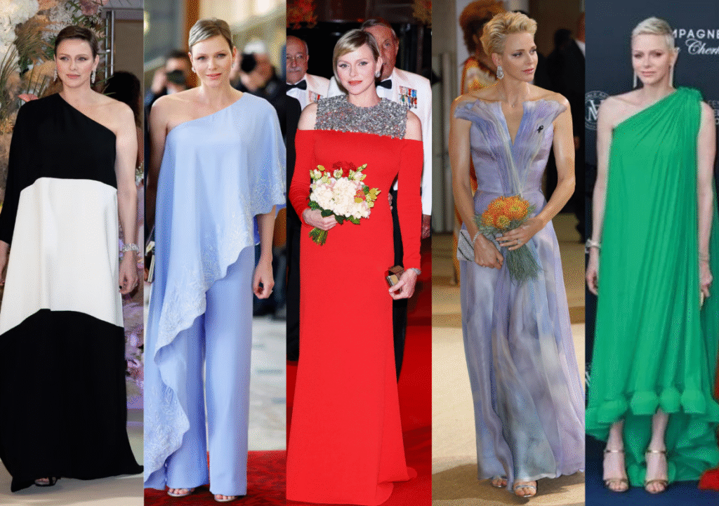 Collage of Princess Charlene of Monaco in modern, minimalist royal fashion ensembles