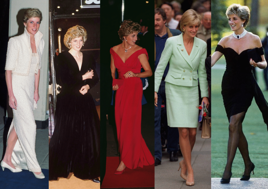 Collage of Princess Diana showcasing iconic royal fashion through the decades