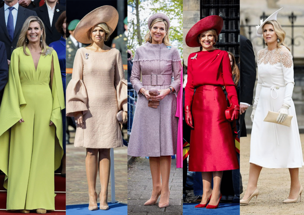 Collage of Queen Máxima of the Netherlands showcasing bold and regal royal fashion