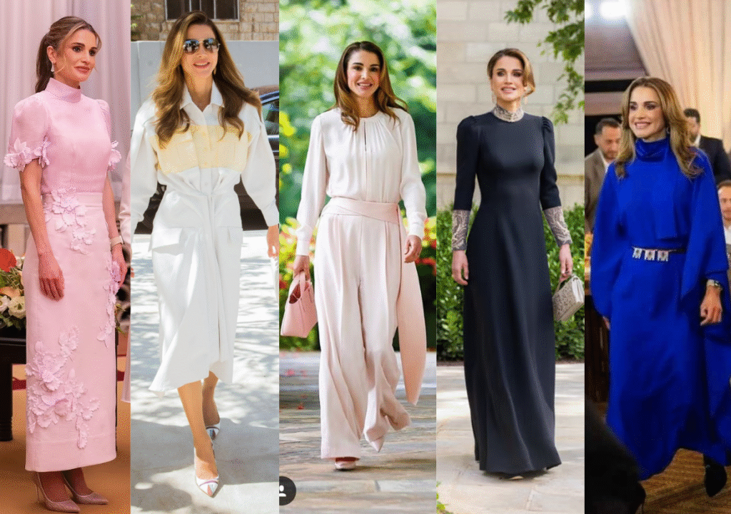 Collage of Queen Rania of Jordan in elegant, modern royal fashion looks with Middle Eastern flair